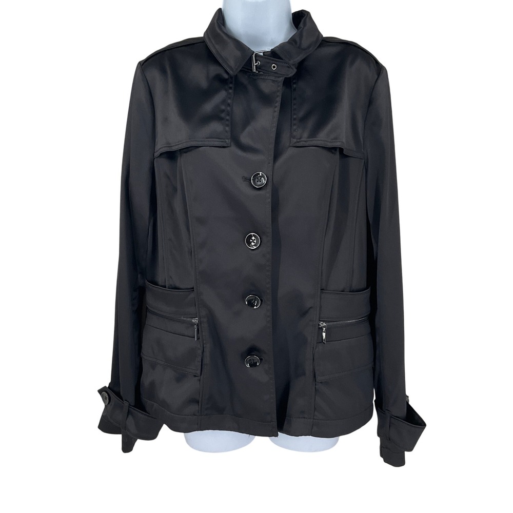 WHBM Jacket Womens Sz L Satin Black Utility Luxe Office Dark Academia‎ Goth